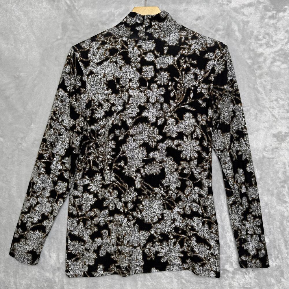 Chico's Shirt Womens M Black Floral Mock Neck Long Sleeve Stretch Knit Shimmer - Picture 2 of 9
